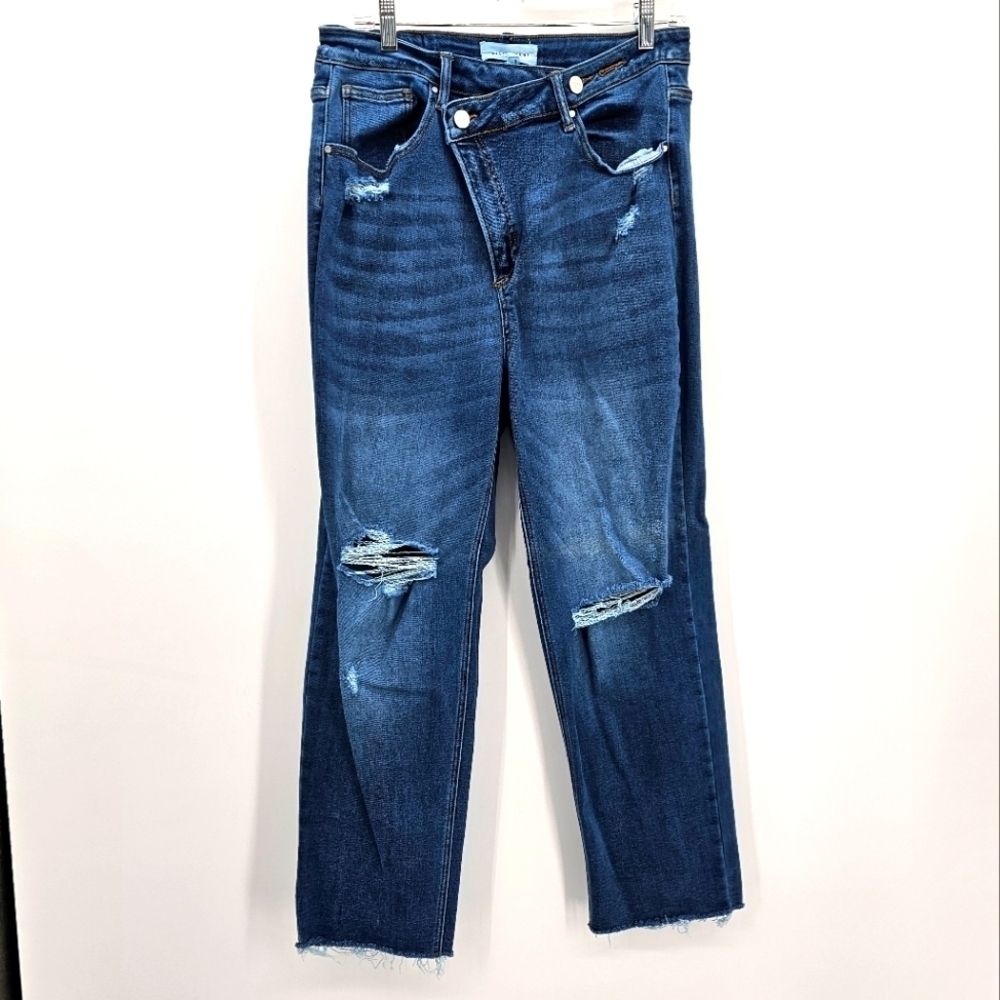 RISEN high rise asymmetrical Waist straight leg distressed jeans size 15 (32)